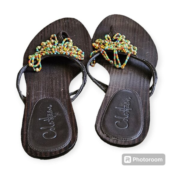 Cole Haan Brown Beaded Kitten Heel Flip Flop Sandal Size  7 - Picture 4 of 6